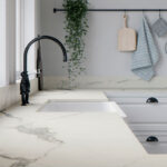 Caesarstone 503 Circa Porcelain kitchen with sink and black tap.