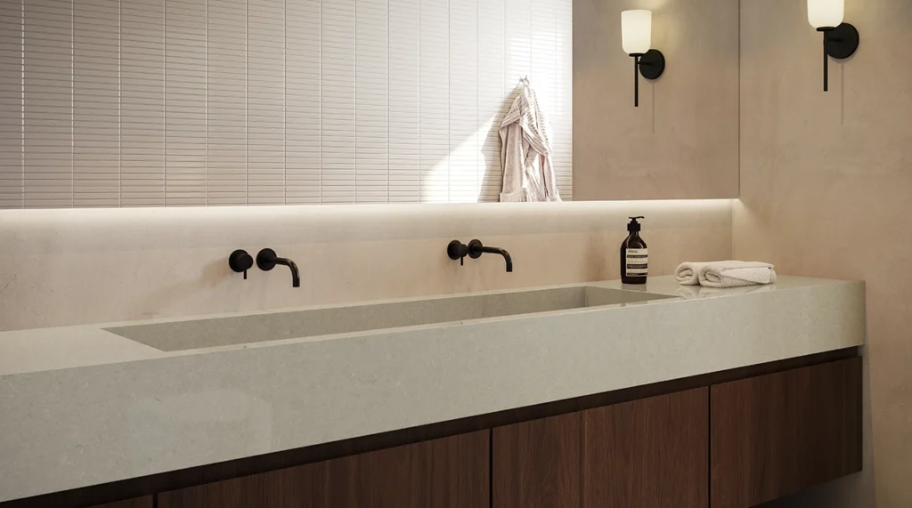 Caesarstone ICON 4101 Organic Dawn gray modern bathroom