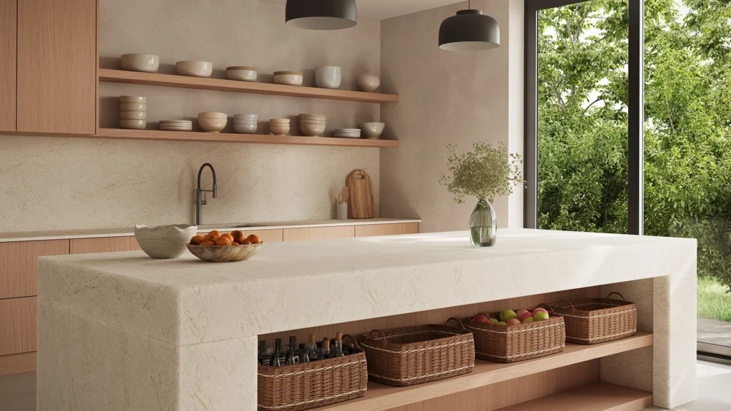 Caesarstone ICON 8251 Taj Whisper one-wall kitchen with island