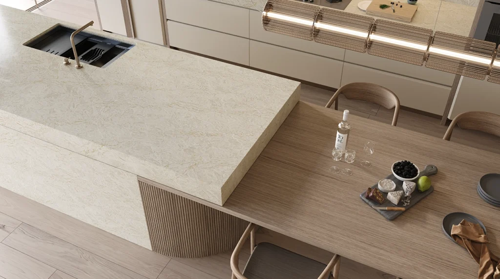 Caesarstone ICON 8251 Taj Whisper in modern one-wall kitchen with island