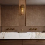 Caesarstone Porcelain 232 Cider Leather surface in modern luxury bathroom