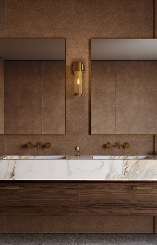 Caesarstone Porcelain 232 Cider Leather surface in modern luxury bathroom
