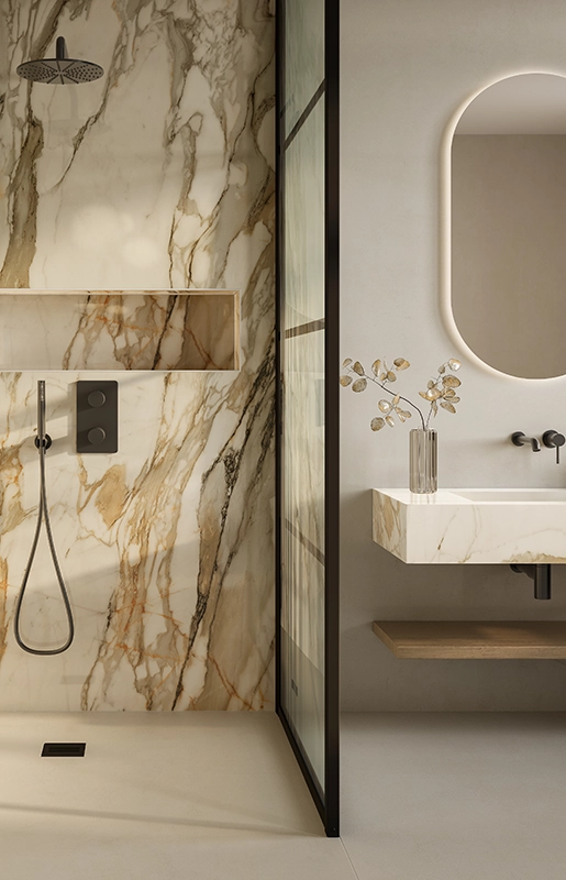 Caesarstone Porcelain 536 Antikella in Luxurious marble bathroom with walk-in shower, rain showerhead, recessed shelf, illuminated mirror, and sleek vanity.