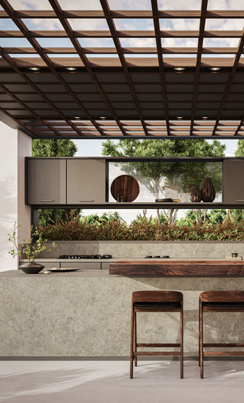 Caesarstone Porcelain 542 Mosstone surface in outdoor modern kitchen