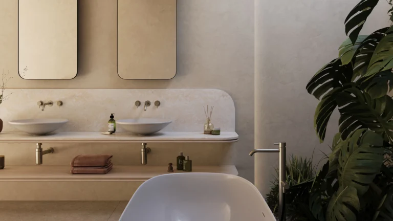 Caesarstone Porcelain 8151 Moonflow surface in modern bathroom
