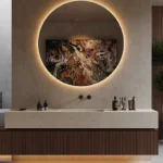 Caesarstone 8252 Sedara in Minimalist bathroom with illuminated round mirror, abstract painting reflection, floating vanity, and modern fixtures.