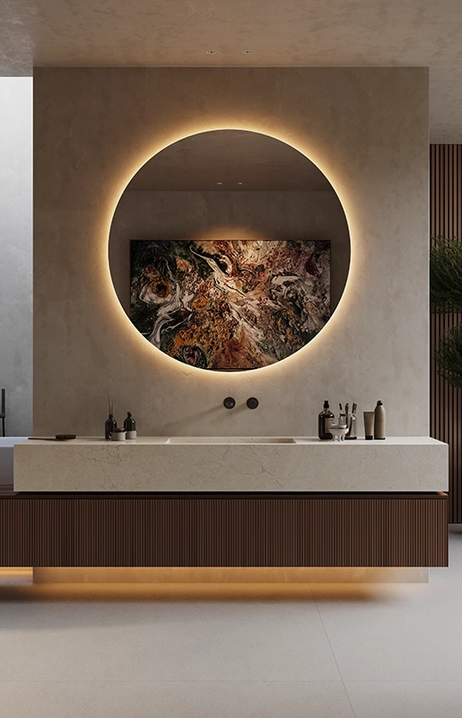 Caesarstone ICON 8252 Sedara in Modern bathroom with illuminated round mirror, floating vanity, potted plants, and minimalist decor.